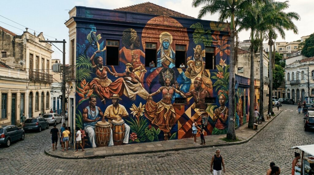 Mural de arte brasileira representando a diversidade cultural do Brasil